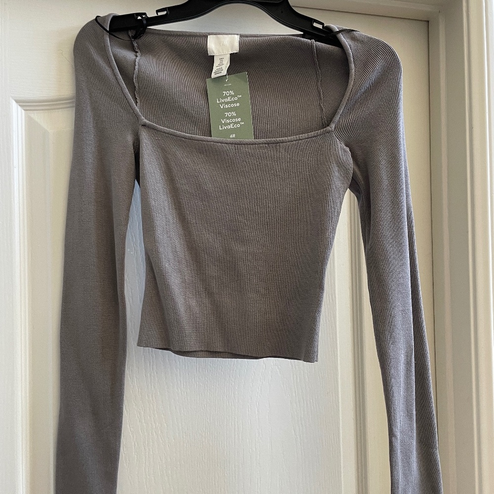H&M Square-neck Cropped Top Long Sleeve Gray Women’s S